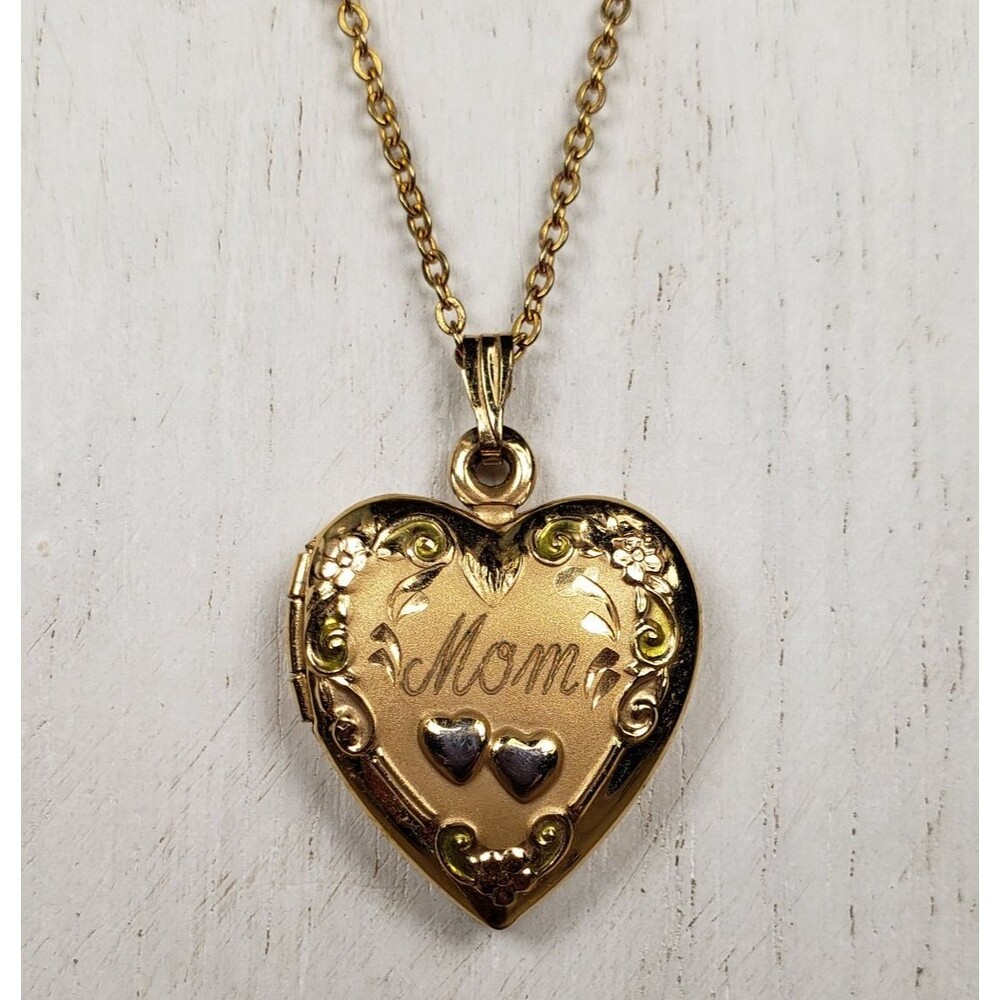 Vintage 1950s Yellow Gold Filled Heart Mom Locket with Two Hearts and 18" Chain